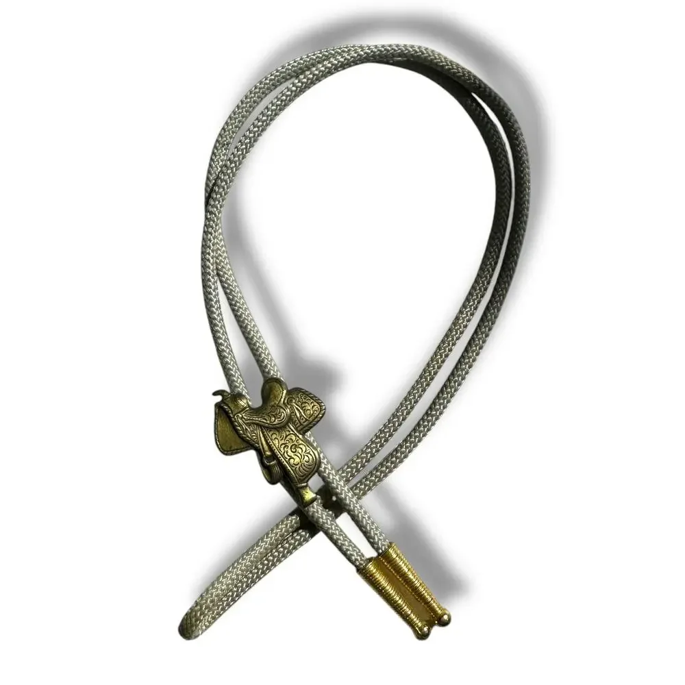 Vtg Bolo Tie Horse Saddle Metal Ends Nylon Cord Necklace Western Rodeo Cowboy